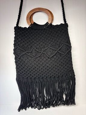 Danielle Nicole Black Macramé Fringe Tote Bag w/ Wooden Handles Boho Chic